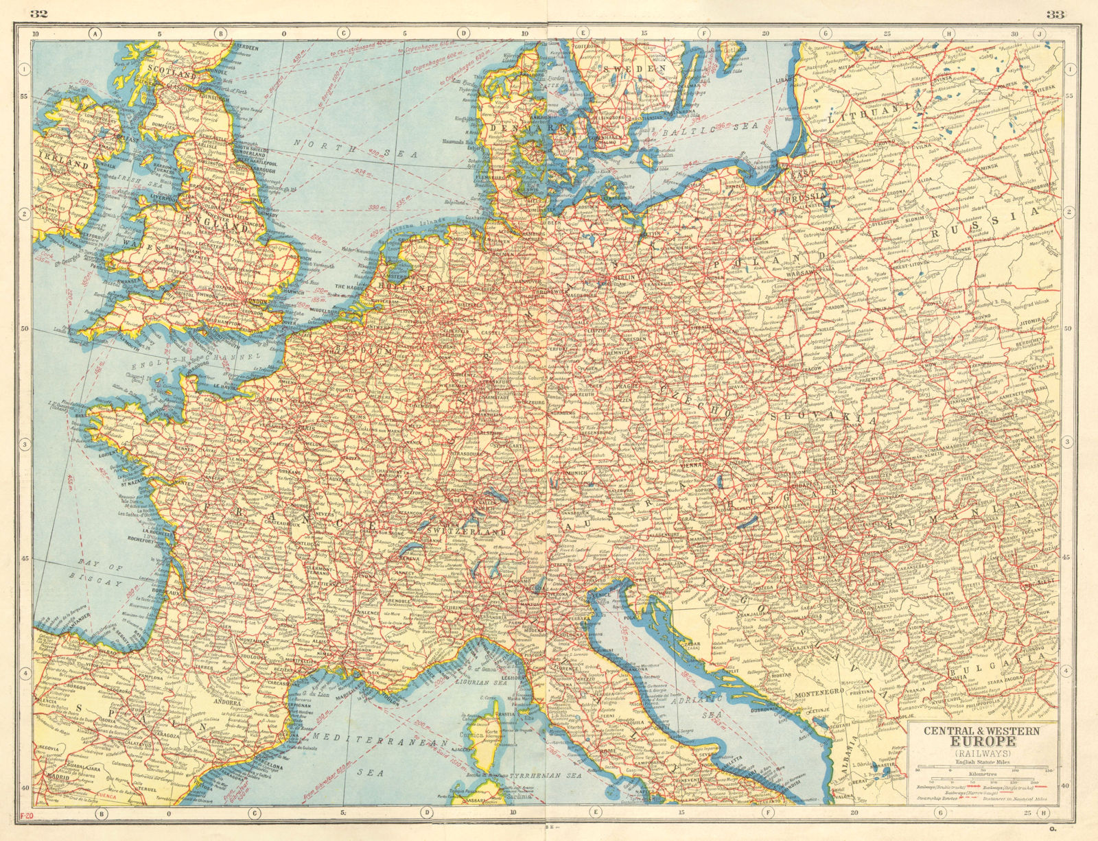 EUROPE RAILWAYS. double & single track. Narrow gauge. Steamship routes 1920 map